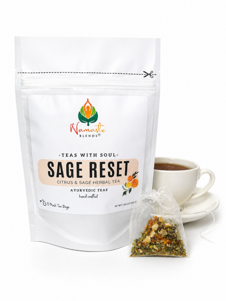 sage reset herbal tea bags displayed in a minimalist setting with a white mug and soft neutral tones, caffeine free herbal tea sachets with visible citrus pieces and sage leaves, refreshing botanical blend designed for daily wellness rituals and mindful living, cozy tea aesthetic, herbal tea for clarity and balance, wellness tea gift idea, tea bags presentation for self care and refreshing routine