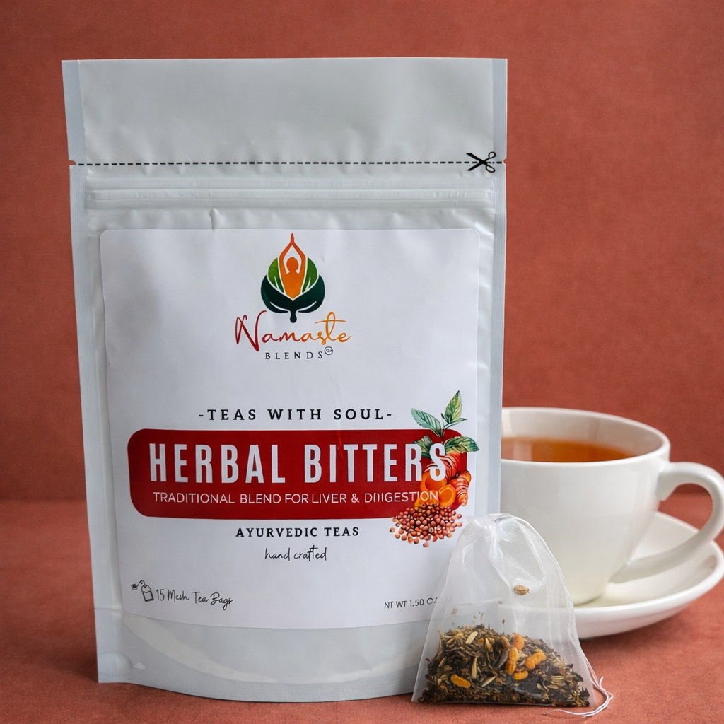 herbal bitters tea displayed in a minimalist setting with a white mug and neutral background, caffeine free herbal tea with visible dried roots and bitter botanicals, natural herbal blend designed for daily digestive wellness rituals and mindful living, cozy tea aesthetic, herbal tea for gut balance and routine support, wellness tea gift idea, tea presentation for self care and balanced lifestyle