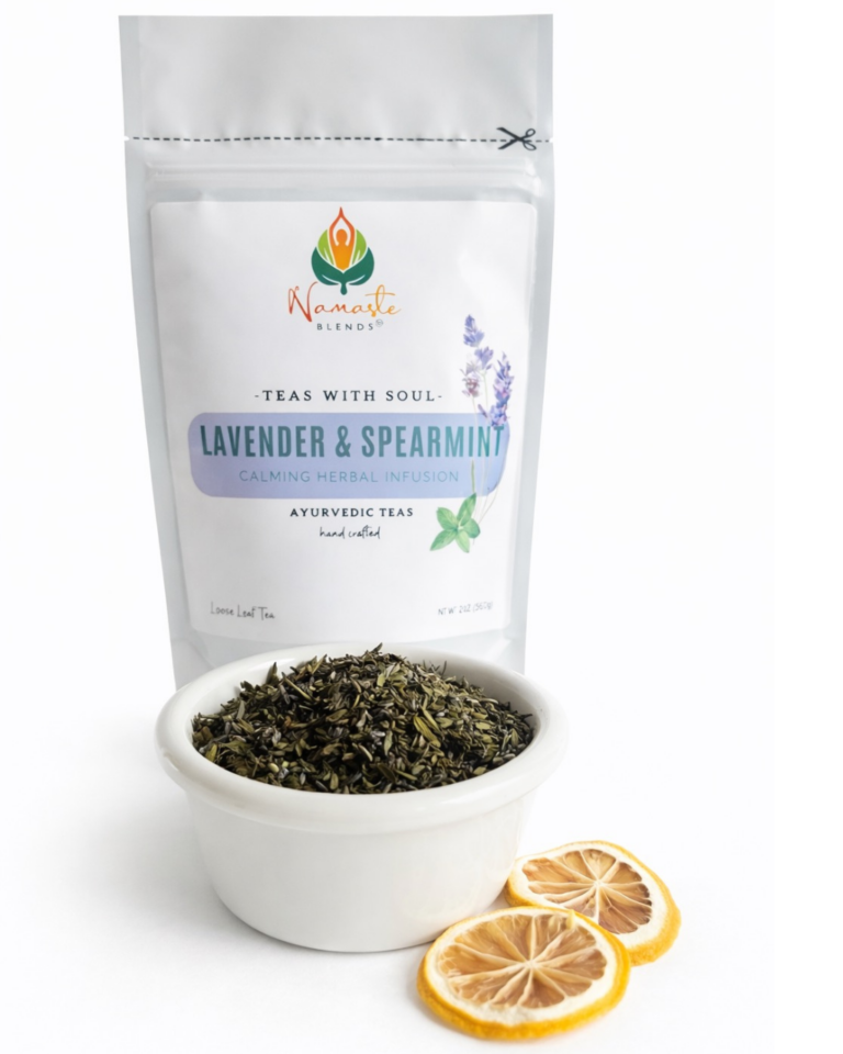 Loose leaf lavender spearmint herbal tea blend displayed in a minimalist setting with a white mug and soft neutral tones, caffeine free herbal tea with visible dried lavender buds and spearmint leaves, calming loose leaf tea for relaxation rituals and mindful living, cozy tea aesthetic, floral herbal tea blend for evening wind down routine, wellness tea gift idea, soothing tea for self care moments, loose leaf tea pouch presentation for balanced lifestyle