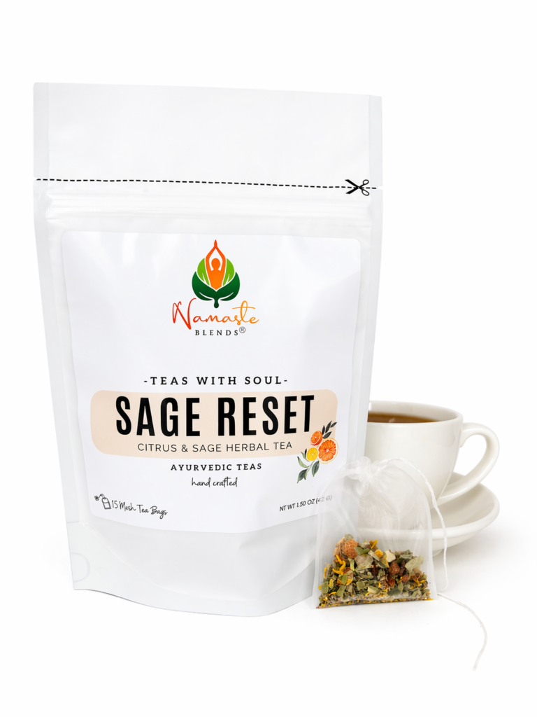 sage reset herbal tea bags displayed in a minimalist setting with a white mug and soft neutral tones, caffeine free herbal tea sachets with visible citrus pieces and sage leaves, refreshing botanical blend designed for daily wellness rituals and mindful living, cozy tea aesthetic, herbal tea for clarity and balance, wellness tea gift idea, tea bags presentation for self care and refreshing routine