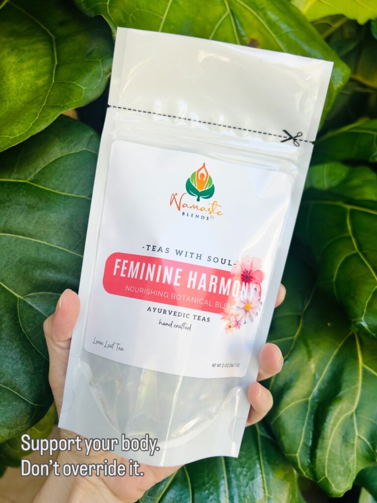 herbal tea bags for feminine balance displayed in a minimalist setting with a white mug and soft neutral tones, caffeine free herbal tea sachets with visible botanicals designed for women’s wellness rituals and mindful living, floral herbal tea for daily self care routine, cozy tea aesthetic, herbal tea for balance and comfort lifestyle, wellness tea gift for women, tea bags presentation for calm and nurturing routine
