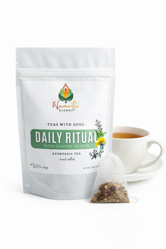 herbal tea bags for daily wellness rituals displayed in a minimalist setting with a white mug and neutral background, caffeine free herbal tea sachets with visible botanicals designed for everyday balance and mindful living, natural tea bags for daily routine and self care lifestyle, cozy tea aesthetic, herbal tea for grounding habits, wellness tea gift idea, tea bags presentation for intentional and balanced lifestyle