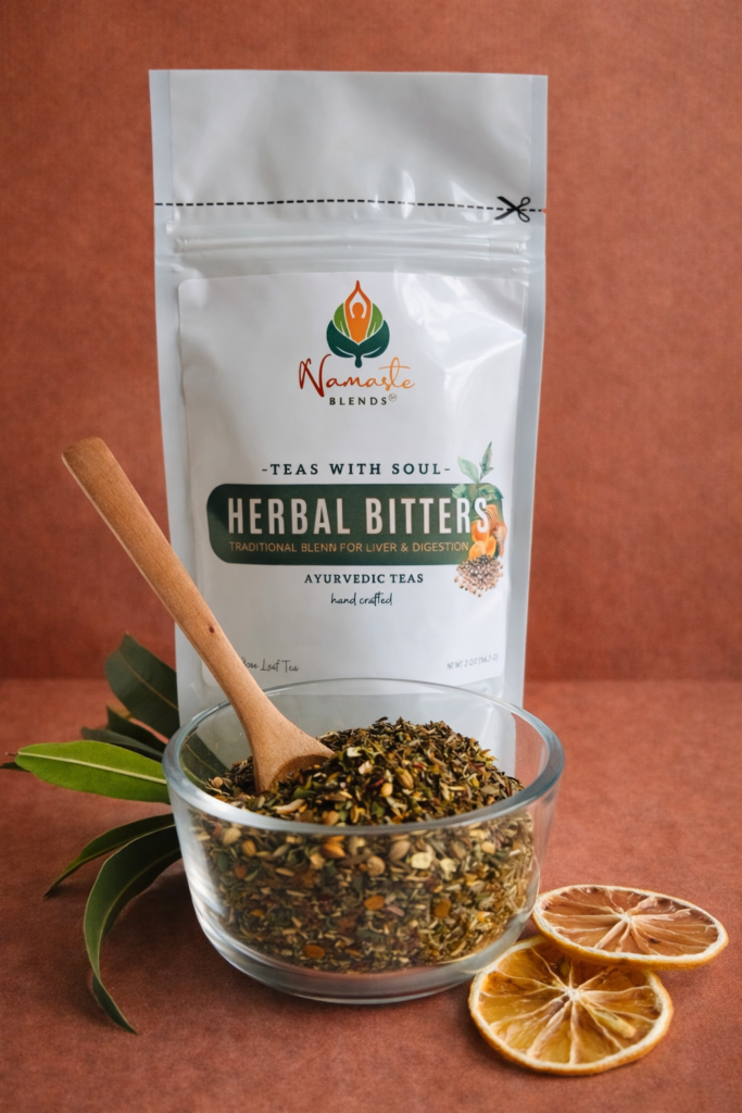 herbal bitters tea displayed in a minimalist setting with a white mug and neutral background, caffeine free herbal tea with visible dried roots and bitter botanicals, natural herbal blend designed for daily digestive wellness rituals and mindful living, cozy tea aesthetic, herbal tea for gut balance and routine support, wellness tea gift idea, tea presentation for self care and balanced lifestyle