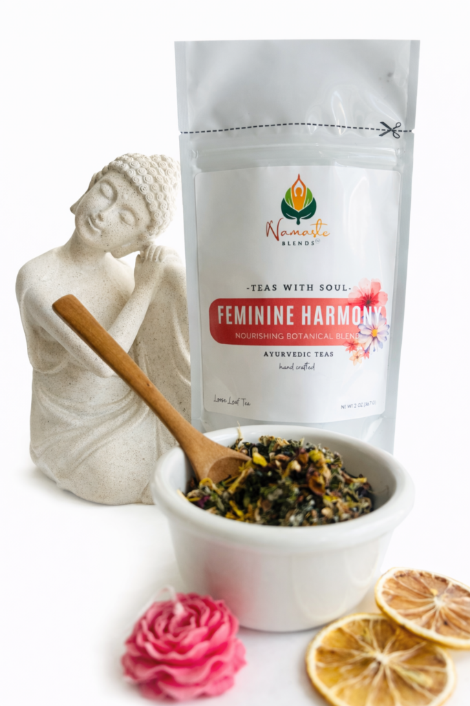 herbal tea bags for feminine balance displayed in a minimalist setting with a white mug and soft neutral tones, caffeine free herbal tea sachets with visible botanicals designed for women’s wellness rituals and mindful living, floral herbal tea for daily self care routine, cozy tea aesthetic, herbal tea for balance and comfort lifestyle, wellness tea gift for women, tea bags presentation for calm and nurturing routine
