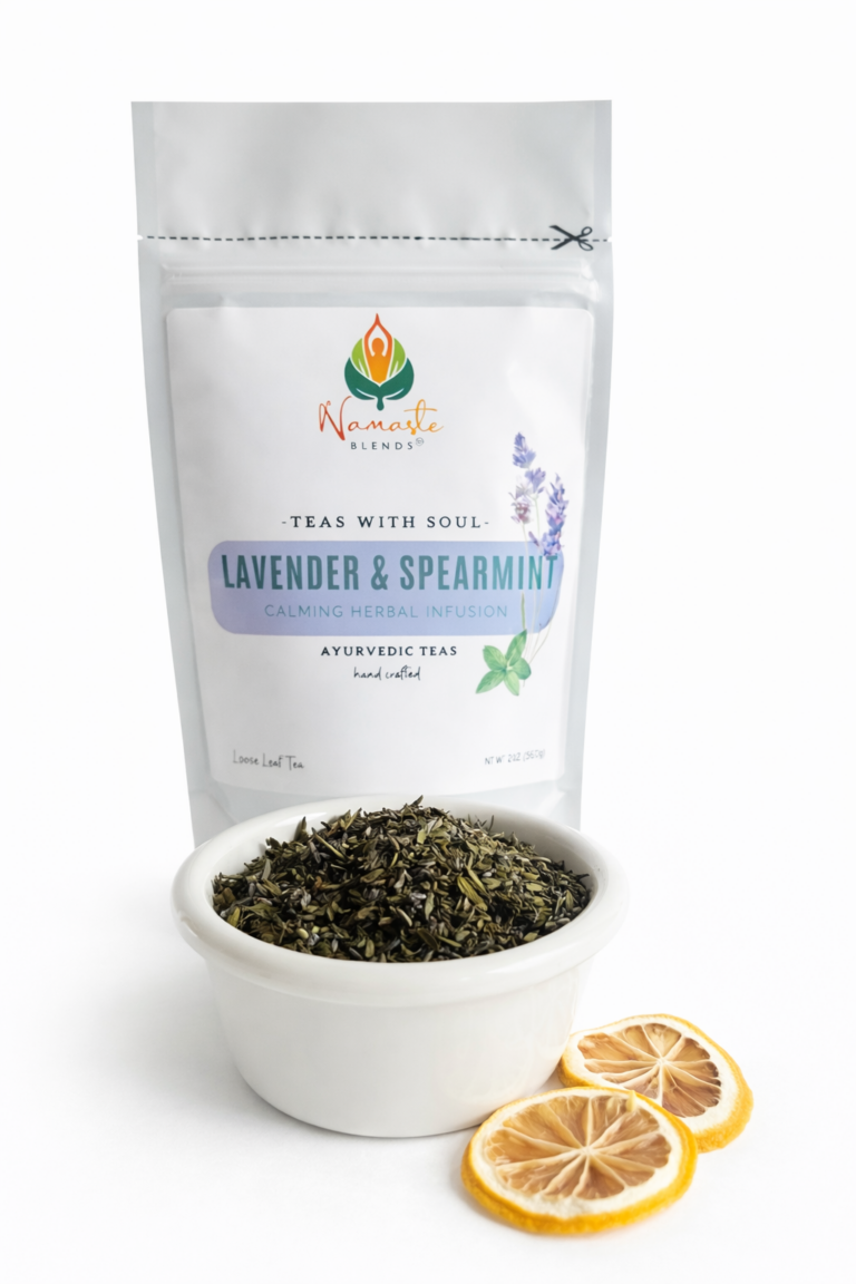 lavender spearmint herbal tea displayed in a minimalist setting with a white mug and soft neutral tones, organic caffeine free herbal tea with visible lavender buds and spearmint leaves, calming floral mint blend designed for daily wellness rituals and mindful living, cozy tea aesthetic, herbal tea for relaxation and balance, wellness tea gift idea, tea presentation for self care and peaceful lifestyle