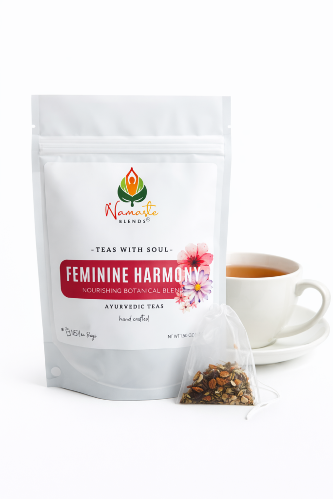 herbal tea bags for feminine balance displayed in a minimalist setting with a white mug and soft neutral tones, caffeine free herbal tea sachets with visible botanicals designed for women’s wellness rituals and mindful living, floral herbal tea for daily self care routine, cozy tea aesthetic, herbal tea for balance and comfort lifestyle, wellness tea gift for women, tea bags presentation for calm and nurturing routine. Feminine Harmony Herbal Tea Bag.