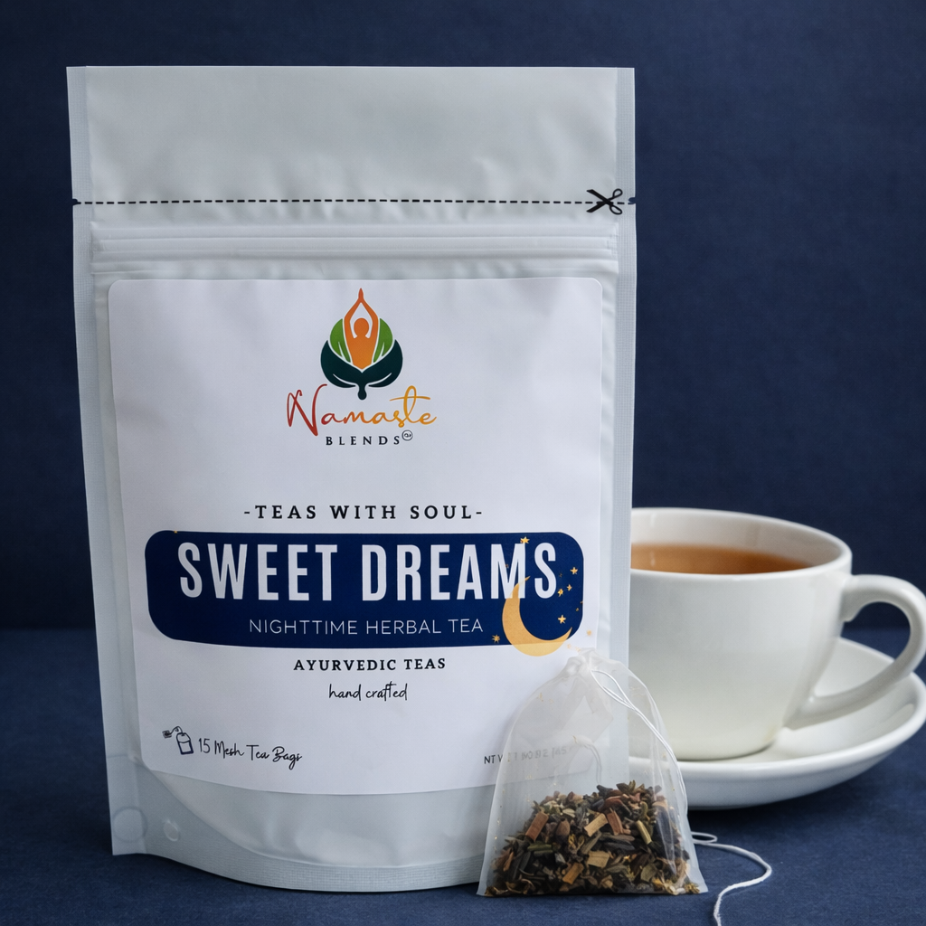 sweet dreams herbal tea bags displayed in a minimalist setting with a white mug and soft neutral tones, caffeine free herbal tea sachets with visible botanicals like chamomile and lemongrass, calming night blend designed for evening wellness rituals and mindful living, cozy tea aesthetic, herbal tea for relaxation and rest routine, wellness tea gift idea, tea bags presentation for self care and peaceful lifestyle