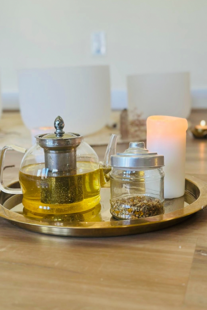 organic ccf herbal tea displayed in a minimalist setting with a white mug and neutral background, caffeine free tea with visible cumin coriander and fennel seeds, traditional ayurvedic herbal blend designed for daily digestive wellness rituals and mindful living, cozy tea aesthetic, natural herbal tea for balance and gentle routine support, wellness tea gift idea, tea presentation for self care and balanced lifestyle