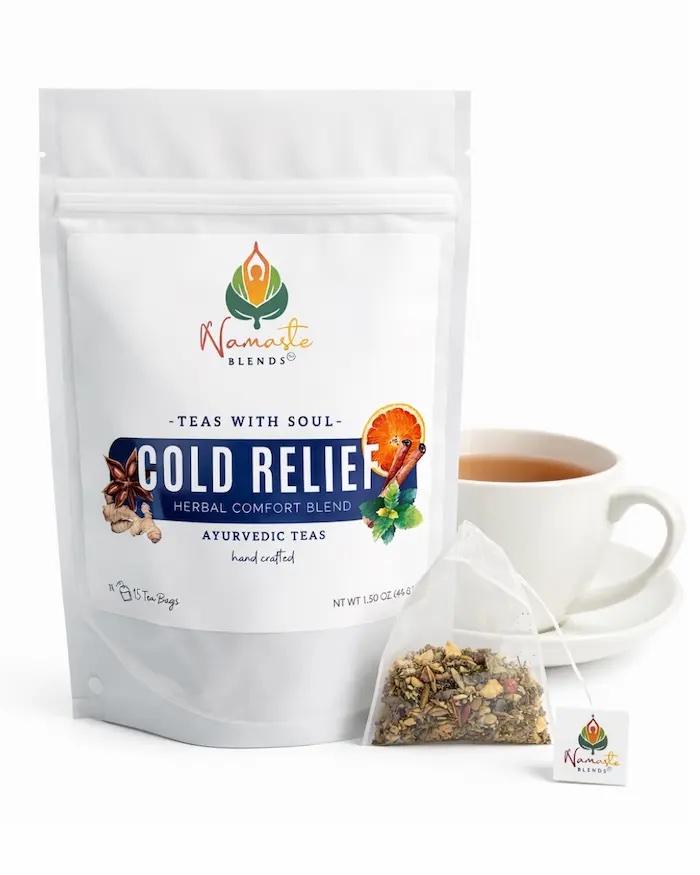 Herbal tea bags for cold season support displayed in a minimalist setup with a white mug and neutral background, caffeine free herbal tea designed for soothing daily wellness rituals during seasonal changes, comforting herbal tea sachets for cozy routines and throat comfort, warm tea moment aesthetic, tea bags for immune support lifestyle, wellness tea gift idea, tea bags trio presentation for self care and seasonal balance