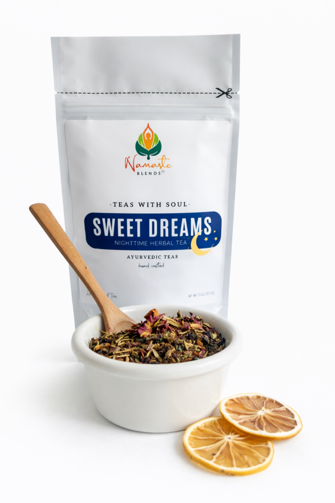 sweet dreams herbal tea bags displayed in a minimalist setting with a white mug and soft neutral tones, caffeine free herbal tea sachets with visible botanicals like chamomile and lemongrass, calming night blend designed for evening wellness rituals and mindful living, cozy tea aesthetic, herbal tea for relaxation and rest routine, wellness tea gift idea, tea bags presentation for self care and peaceful lifestyle