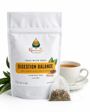 Herbal tea bags for digestion balance displayed in a minimalist setup with a white mug and neutral background, caffeine free herbal tea designed for daily digestive wellness rituals, natural herbal tea sachets for bloating relief routine and mindful living, cozy tea moment aesthetic, tea bags for gut balance and gentle support, wellness tea gift idea, tea bags trio presentation for self care and balanced lifestyle