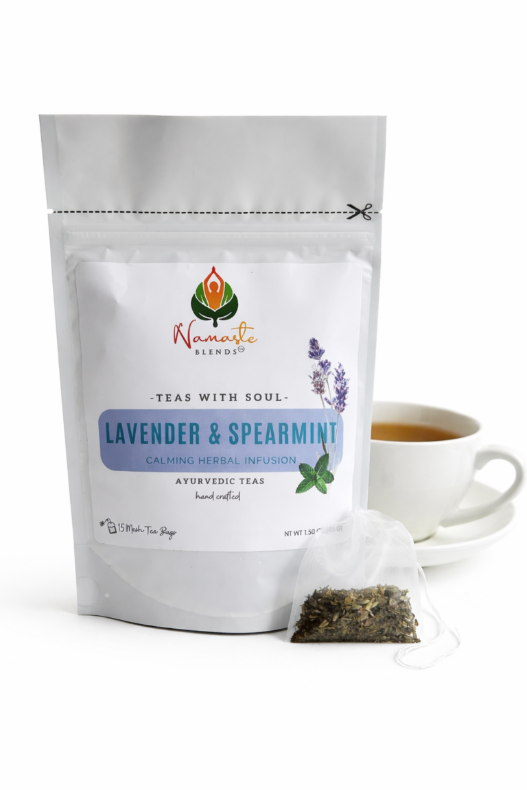 lavender spearmint herbal tea displayed in a minimalist setting with a white mug and soft neutral tones, organic caffeine free herbal tea with visible lavender buds and spearmint leaves, calming floral mint blend designed for daily wellness rituals and mindful living, cozy tea aesthetic, herbal tea for relaxation and balance, wellness tea gift idea, tea presentation for self care and peaceful lifestyle