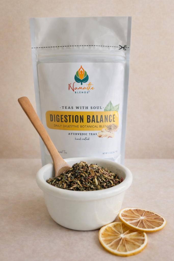 loose leaf herbal tea for digestion balance displayed in a minimalist setting with a white mug and neutral background, caffeine free herbal tea with visible dried roots and botanicals designed for daily digestive wellness rituals, natural loose leaf tea blend for after meal routine and mindful living, cozy tea aesthetic, herbal tea for gut balance and gentle support, wellness tea gift idea, loose leaf tea pouch presentation for self care and balanced lifestyle