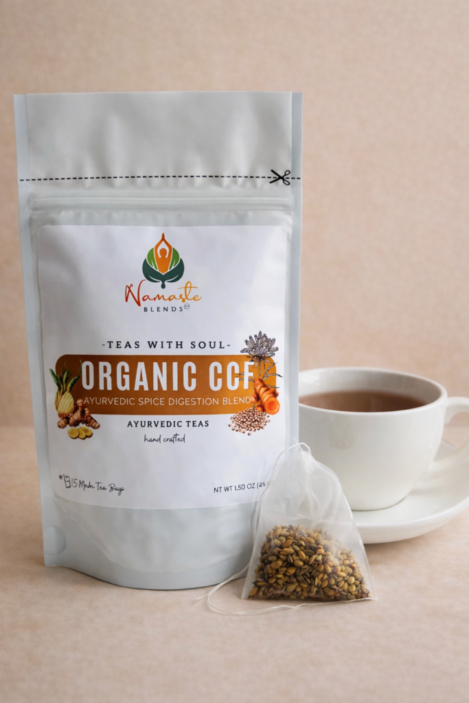 organic ccf herbal tea displayed in a minimalist setting with a white mug and neutral background, caffeine free tea with visible cumin coriander and fennel seeds, traditional ayurvedic herbal blend designed for daily digestive wellness rituals and mindful living, cozy tea aesthetic, natural herbal tea for balance and gentle routine support, wellness tea gift idea, tea presentation for self care and balanced lifestyle