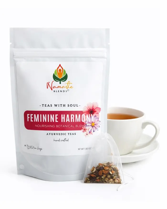 Herbal tea bags for feminine balance displayed in a minimalist setup with a white mug and soft neutral tones, caffeine free herbal tea designed for women’s daily wellness rituals, floral herbal tea sachets for cycle balance and mindful self care, cozy tea moment aesthetic, tea bags for relaxation and gentle routine support, wellness tea gift for women, tea bags trio presentation for balanced lifestyle