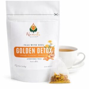 Herbal tea bags for gentle detox displayed in a minimalist setup with a white mug and warm neutral tones, caffeine free herbal tea designed for daily cleansing rituals and balanced wellness routine, golden herbal tea blend for mindful living and reset habits, cozy tea moment aesthetic, herbal tea sachets for natural routine support, wellness tea gift idea, tea bags trio presentation for self care and grounding daily rituals