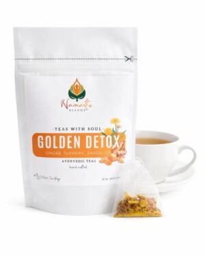 Herbal tea bags for gentle detox displayed in a minimalist setup with a white mug and warm neutral tones, caffeine free herbal tea designed for daily cleansing rituals and balanced wellness routine, golden herbal tea blend for mindful living and reset habits, cozy tea moment aesthetic, herbal tea sachets for natural routine support, wellness tea gift idea, tea bags trio presentation for self care and grounding daily rituals