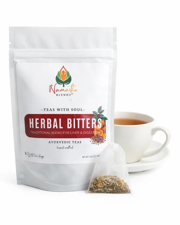 Herbal tea bags with bitter botanicals displayed in a minimalist setup with a white mug and neutral background, caffeine free herbal tea designed for digestive wellness rituals and mindful daily routine, natural herbal tea sachets for gut support lifestyle, cozy tea moment aesthetic, bold herbal tea for pre or post meal ritual, wellness tea gift idea, tea bags trio presentation for grounding self care and balanced living