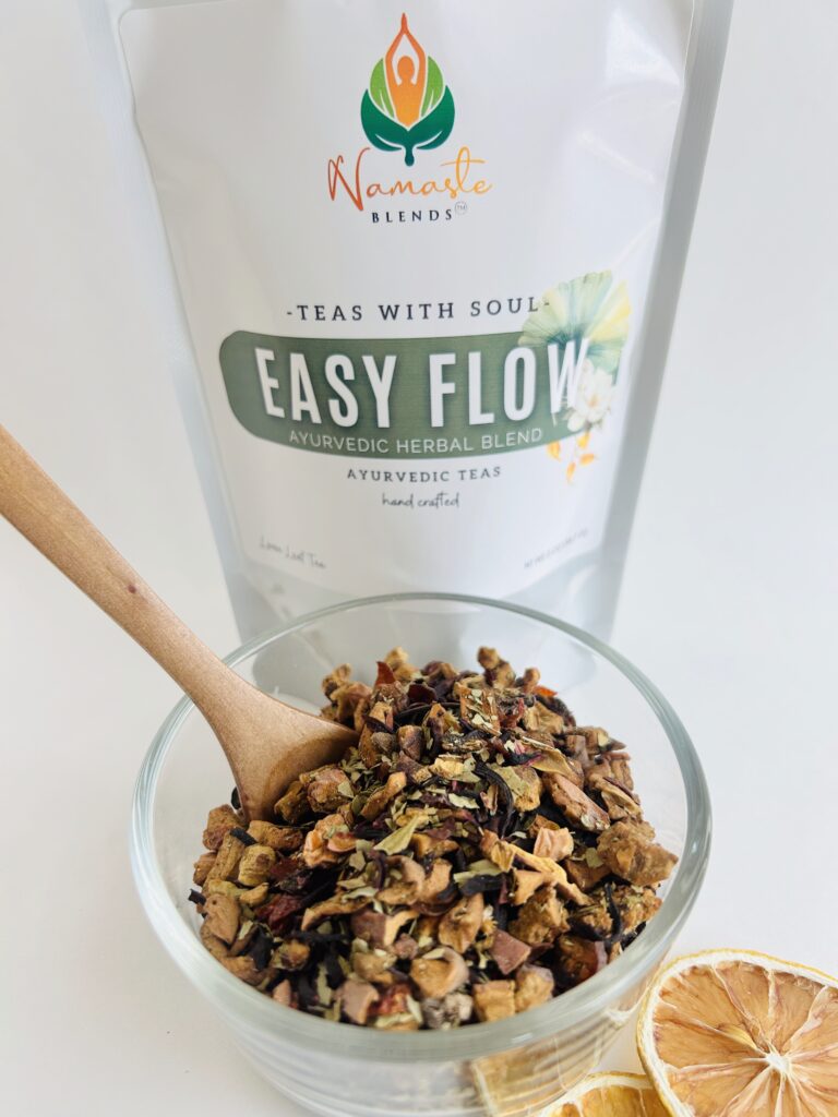 herbal tea for gentle balance displayed in a minimalist setting with a white mug and soft neutral tones, caffeine free herbal tea with visible botanicals designed for daily wellness rituals and mindful living, natural herbal tea for flow and comfort routine, cozy tea aesthetic, wellness tea for self care and balanced lifestyle, tea pouch or tea bags presentation for daily rituals