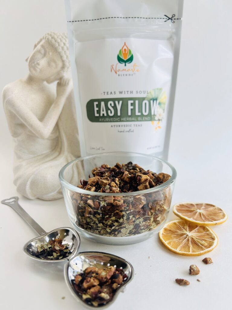 herbal tea for gentle balance displayed in a minimalist setting with a white mug and soft neutral tones, caffeine free herbal tea with visible botanicals designed for daily wellness rituals and mindful living, natural herbal tea for flow and comfort routine, cozy tea aesthetic, wellness tea for self care and balanced lifestyle, tea pouch or tea bags presentation for daily rituals