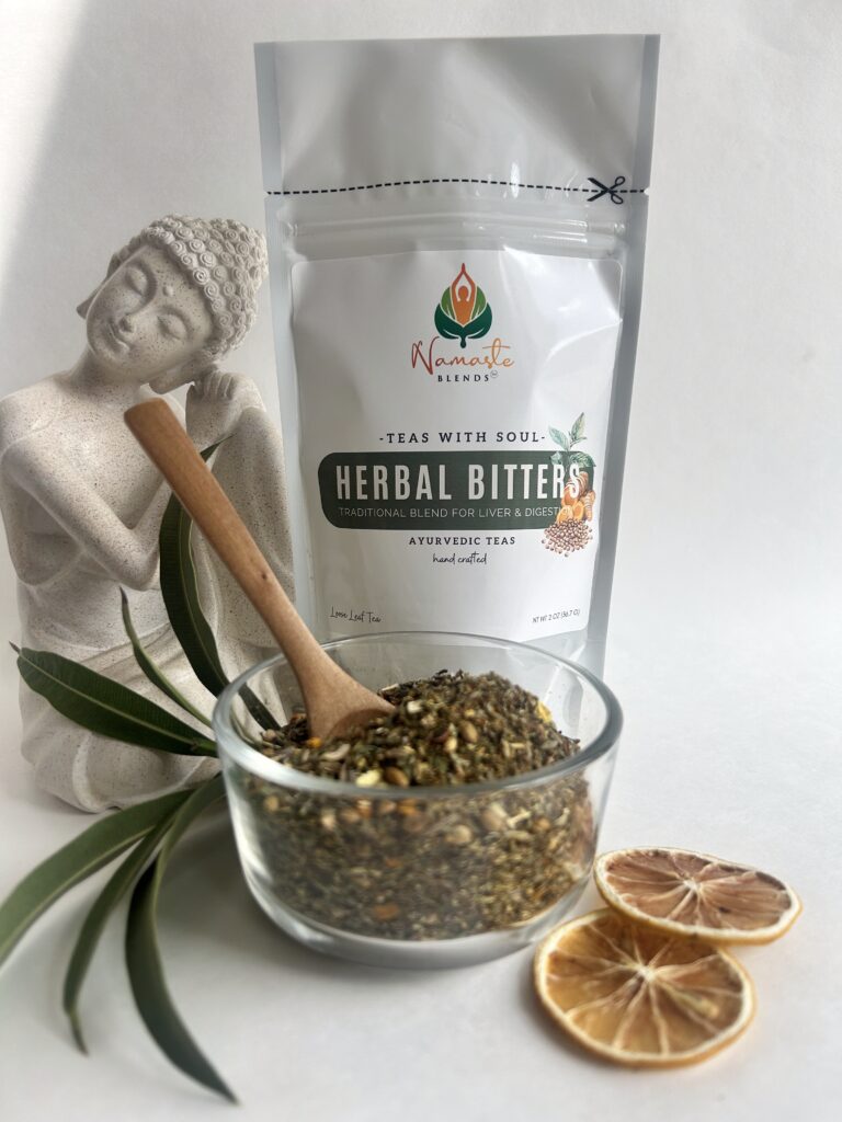 herbal bitters tea displayed in a minimalist setting with a white mug and neutral background, caffeine free herbal tea with visible dried roots and bitter botanicals, natural herbal blend designed for daily digestive wellness rituals and mindful living, cozy tea aesthetic, herbal tea for gut balance and routine support, wellness tea gift idea, tea presentation for self care and balanced lifestyle