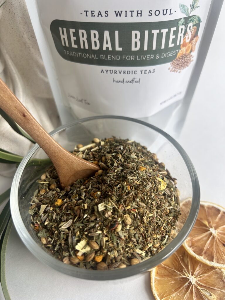 herbal bitters tea displayed in a minimalist setting with a white mug and neutral background, caffeine free herbal tea with visible dried roots and bitter botanicals, natural herbal blend designed for daily digestive wellness rituals and mindful living, cozy tea aesthetic, herbal tea for gut balance and routine support, wellness tea gift idea, tea presentation for self care and balanced lifestyle