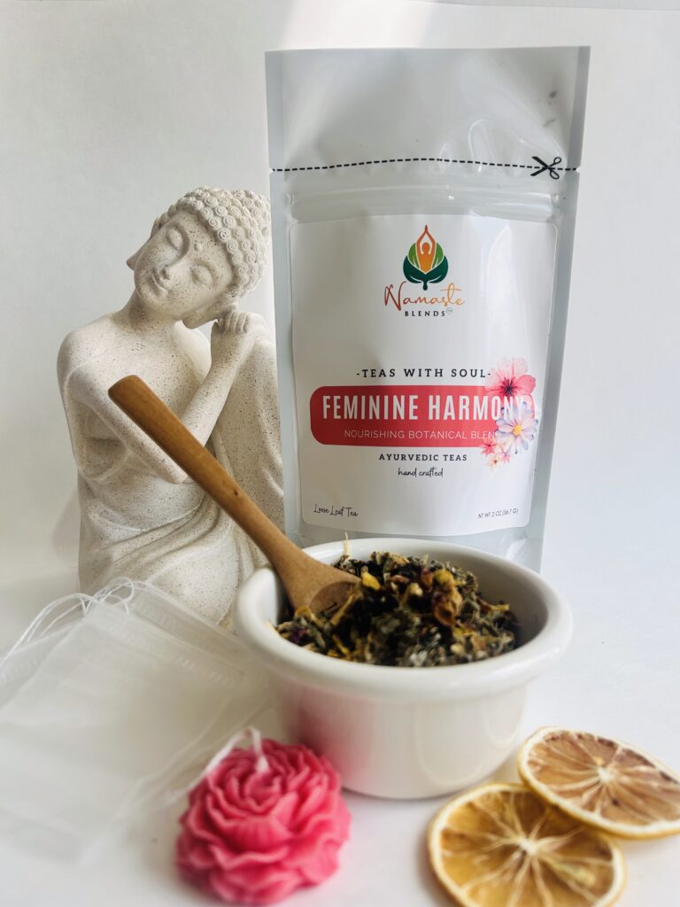 herbal tea bags for feminine balance displayed in a minimalist setting with a white mug and soft neutral tones, caffeine free herbal tea sachets with visible botanicals designed for women’s wellness rituals and mindful living, floral herbal tea for daily self care routine, cozy tea aesthetic, herbal tea for balance and comfort lifestyle, wellness tea gift for women, tea bags presentation for calm and nurturing routine