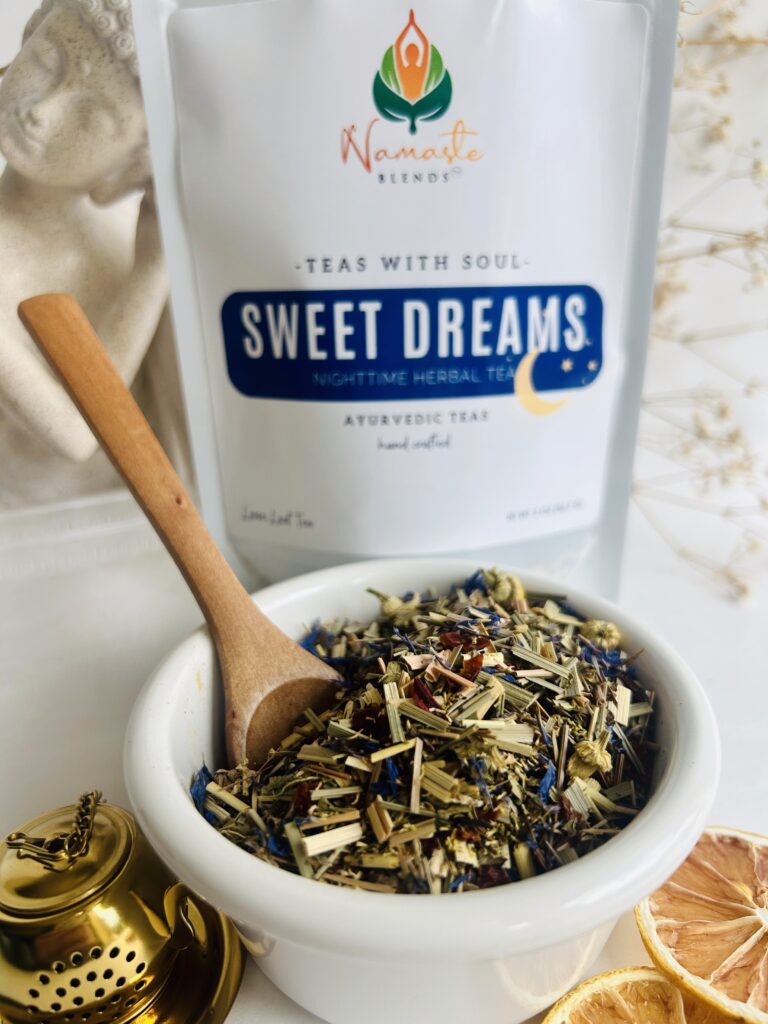 sweet dreams herbal tea bags displayed in a minimalist setting with a white mug and soft neutral tones, caffeine free herbal tea sachets with visible botanicals like chamomile and lemongrass, calming night blend designed for evening wellness rituals and mindful living, cozy tea aesthetic, herbal tea for relaxation and rest routine, wellness tea gift idea, tea bags presentation for self care and peaceful lifestyle