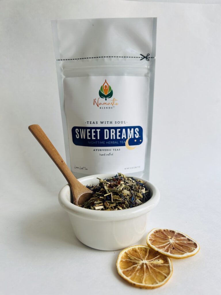 sweet dreams herbal tea bags displayed in a minimalist setting with a white mug and soft neutral tones, caffeine free herbal tea sachets with visible botanicals like chamomile and lemongrass, calming night blend designed for evening wellness rituals and mindful living, cozy tea aesthetic, herbal tea for relaxation and rest routine, wellness tea gift idea, tea bags presentation for self care and peaceful lifestyle