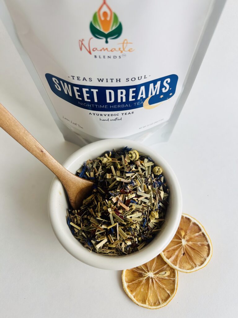 sweet dreams herbal tea bags displayed in a minimalist setting with a white mug and soft neutral tones, caffeine free herbal tea sachets with visible botanicals like chamomile and lemongrass, calming night blend designed for evening wellness rituals and mindful living, cozy tea aesthetic, herbal tea for relaxation and rest routine, wellness tea gift idea, tea bags presentation for self care and peaceful lifestyle
