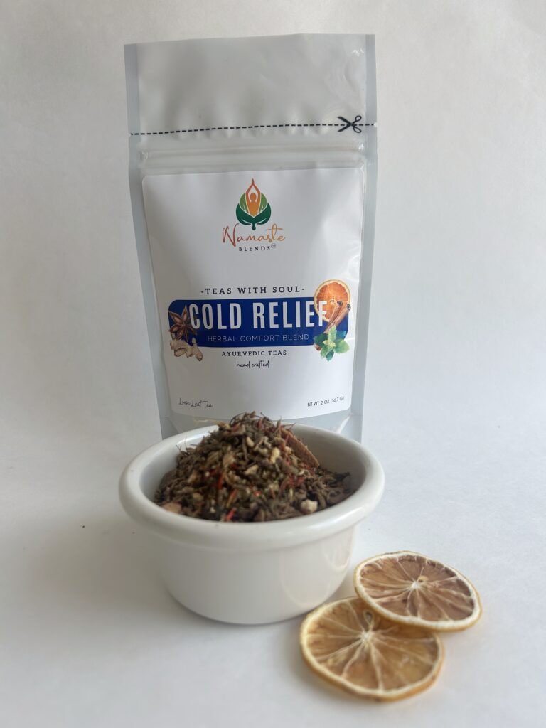 loose leaf herbal tea for cold relief displayed in a minimalist setting with a white mug and neutral background, caffeine free herbal tea with visible dried botanicals designed for soothing daily wellness rituals during seasonal changes, natural loose leaf tea blend for cozy routines and mindful living, warm tea aesthetic, herbal tea for comfort and balance, wellness tea gift idea, loose leaf tea pouch presentation for self care and seasonal lifestyle