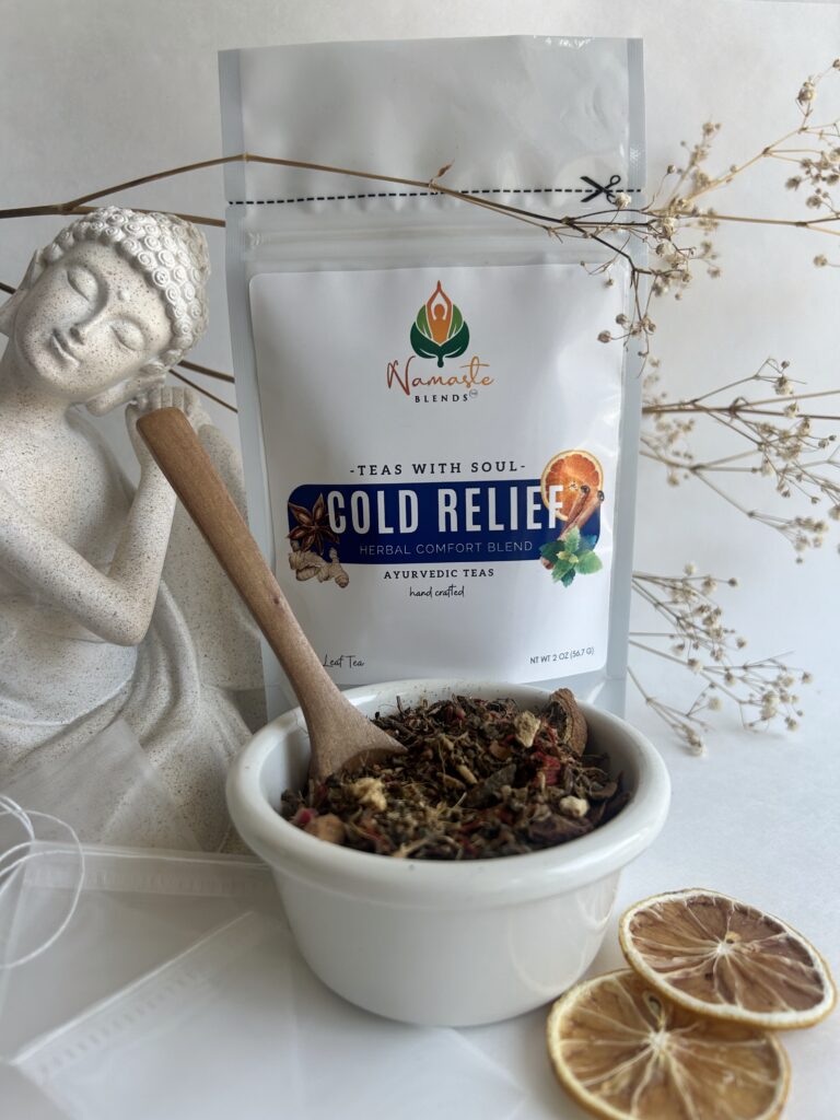 loose leaf herbal tea for cold relief displayed in a minimalist setting with a white mug and neutral background, caffeine free herbal tea with visible dried botanicals designed for soothing daily wellness rituals during seasonal changes, natural loose leaf tea blend for cozy routines and mindful living, warm tea aesthetic, herbal tea for comfort and balance, wellness tea gift idea, loose leaf tea pouch presentation for self care and seasonal lifestyle