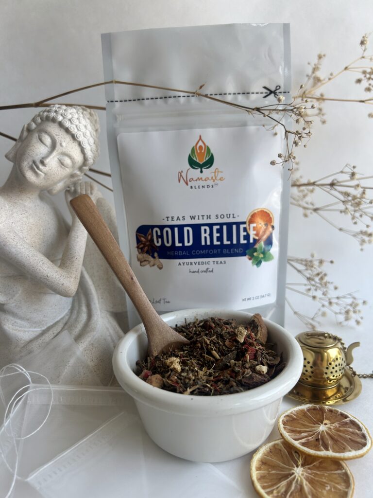 loose leaf herbal tea for cold relief displayed in a minimalist setting with a white mug and neutral background, caffeine free herbal tea with visible dried botanicals designed for soothing daily wellness rituals during seasonal changes, natural loose leaf tea blend for cozy routines and mindful living, warm tea aesthetic, herbal tea for comfort and balance, wellness tea gift idea, loose leaf tea pouch presentation for self care and seasonal lifestyle