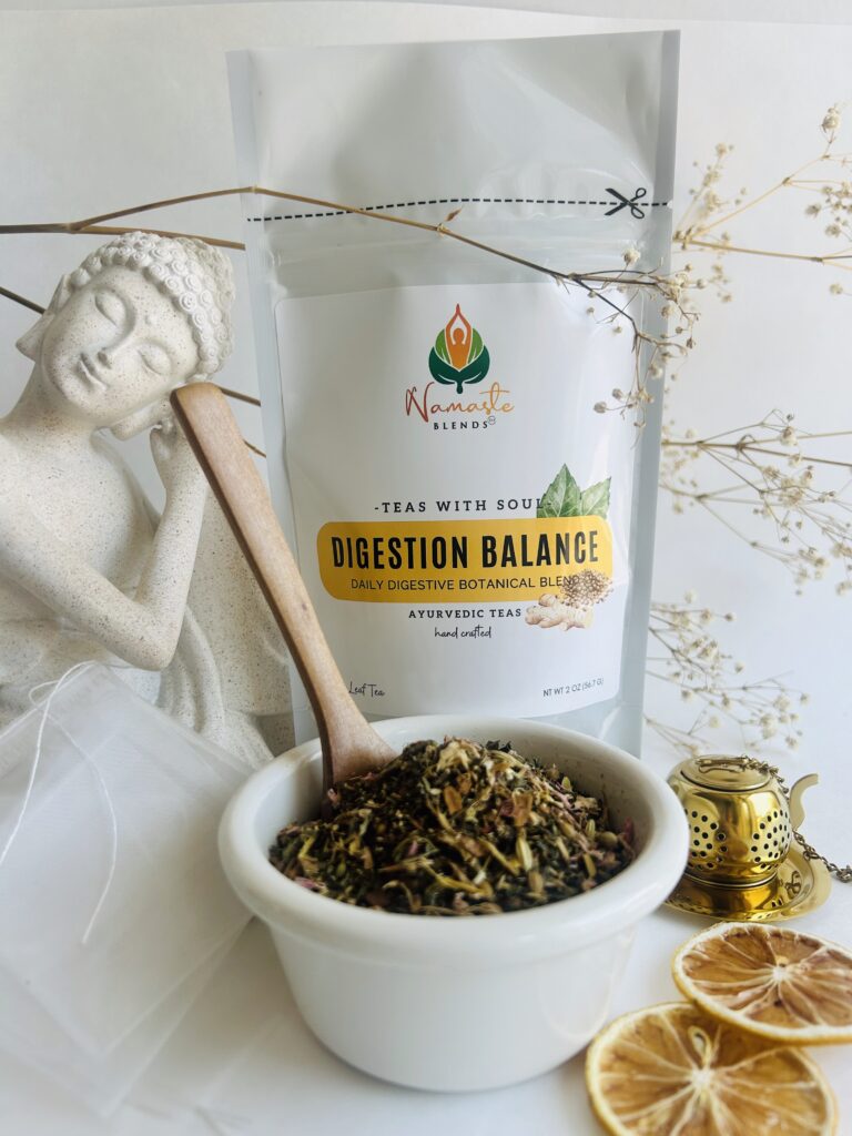 loose leaf herbal tea for digestion balance displayed in a minimalist setting with a white mug and neutral background, caffeine free herbal tea with visible dried roots and botanicals designed for daily digestive wellness rituals, natural loose leaf tea blend for after meal routine and mindful living, cozy tea aesthetic, herbal tea for gut balance and gentle support, wellness tea gift idea, loose leaf tea pouch presentation for self care and balanced lifestyle