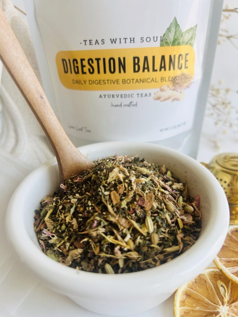 loose leaf herbal tea for digestion balance displayed in a minimalist setting with a white mug and neutral background, caffeine free herbal tea with visible dried roots and botanicals designed for daily digestive wellness rituals, natural loose leaf tea blend for after meal routine and mindful living, cozy tea aesthetic, herbal tea for gut balance and gentle support, wellness tea gift idea, loose leaf tea pouch presentation for self care and balanced lifestyle