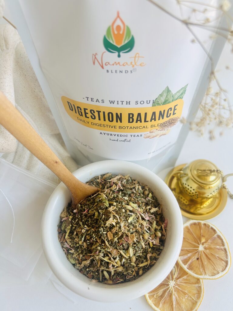 loose leaf herbal tea for digestion balance displayed in a minimalist setting with a white mug and neutral background, caffeine free herbal tea with visible dried roots and botanicals designed for daily digestive wellness rituals, natural loose leaf tea blend for after meal routine and mindful living, cozy tea aesthetic, herbal tea for gut balance and gentle support, wellness tea gift idea, loose leaf tea pouch presentation for self care and balanced lifestyle