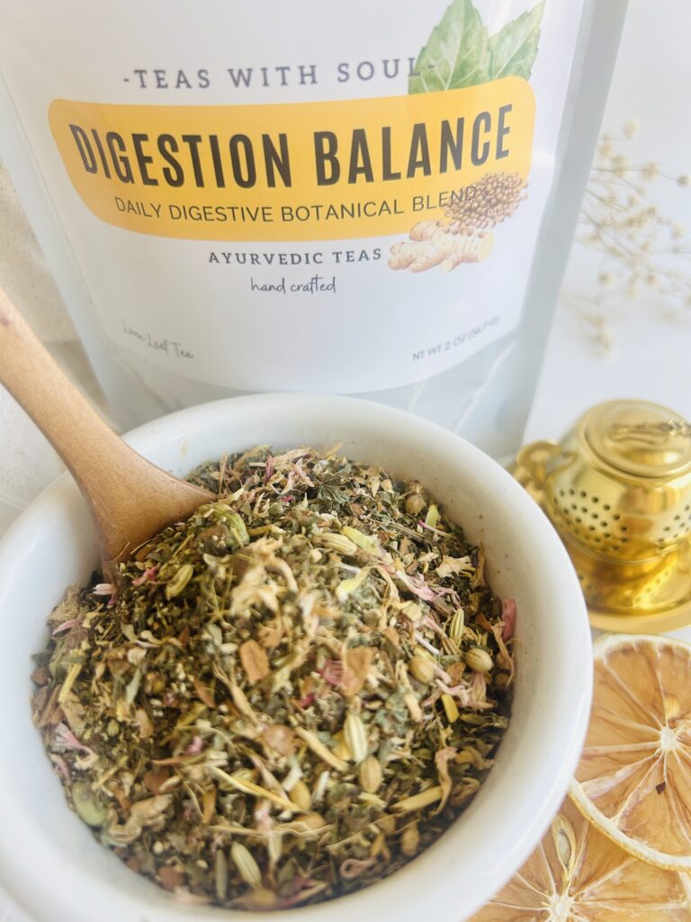 loose leaf herbal tea for digestion balance displayed in a minimalist setting with a white mug and neutral background, caffeine free herbal tea with visible dried roots and botanicals designed for daily digestive wellness rituals, natural loose leaf tea blend for after meal routine and mindful living, cozy tea aesthetic, herbal tea for gut balance and gentle support, wellness tea gift idea, loose leaf tea pouch presentation for self care and balanced lifestyle