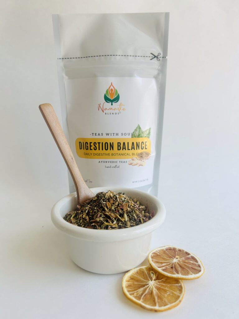 loose leaf herbal tea for digestion balance displayed in a minimalist setting with a white mug and neutral background, caffeine free herbal tea with visible dried roots and botanicals designed for daily digestive wellness rituals, natural loose leaf tea blend for after meal routine and mindful living, cozy tea aesthetic, herbal tea for gut balance and gentle support, wellness tea gift idea, loose leaf tea pouch presentation for self care and balanced lifestyle