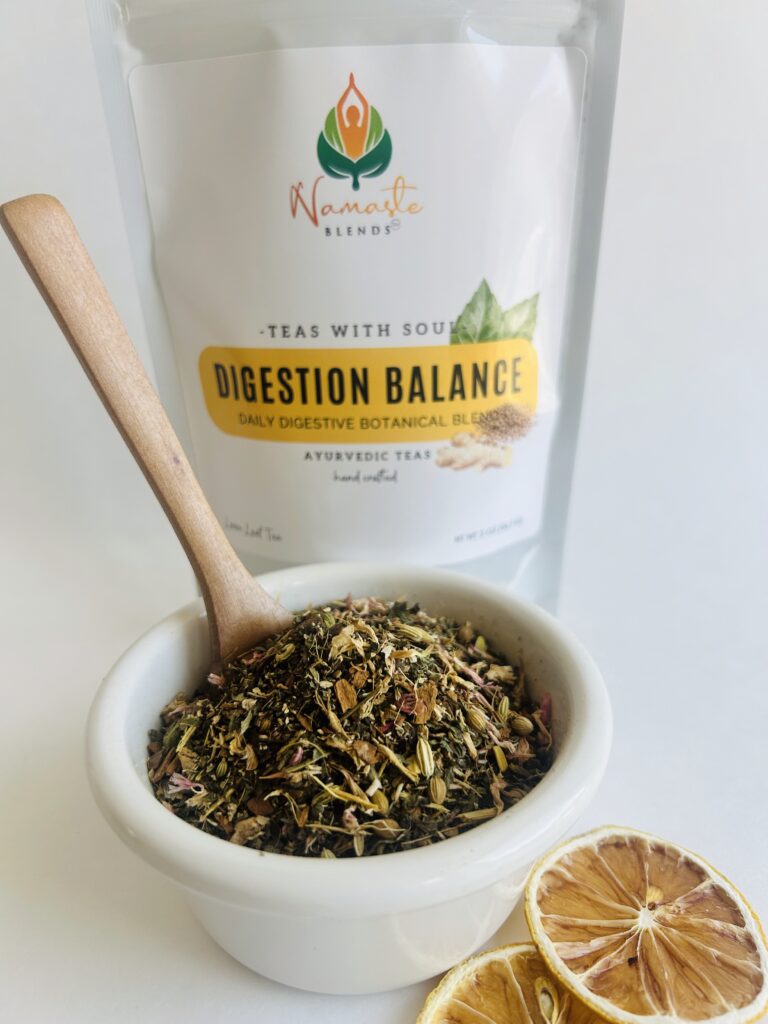 loose leaf herbal tea for digestion balance displayed in a minimalist setting with a white mug and neutral background, caffeine free herbal tea with visible dried roots and botanicals designed for daily digestive wellness rituals, natural loose leaf tea blend for after meal routine and mindful living, cozy tea aesthetic, herbal tea for gut balance and gentle support, wellness tea gift idea, loose leaf tea pouch presentation for self care and balanced lifestyle