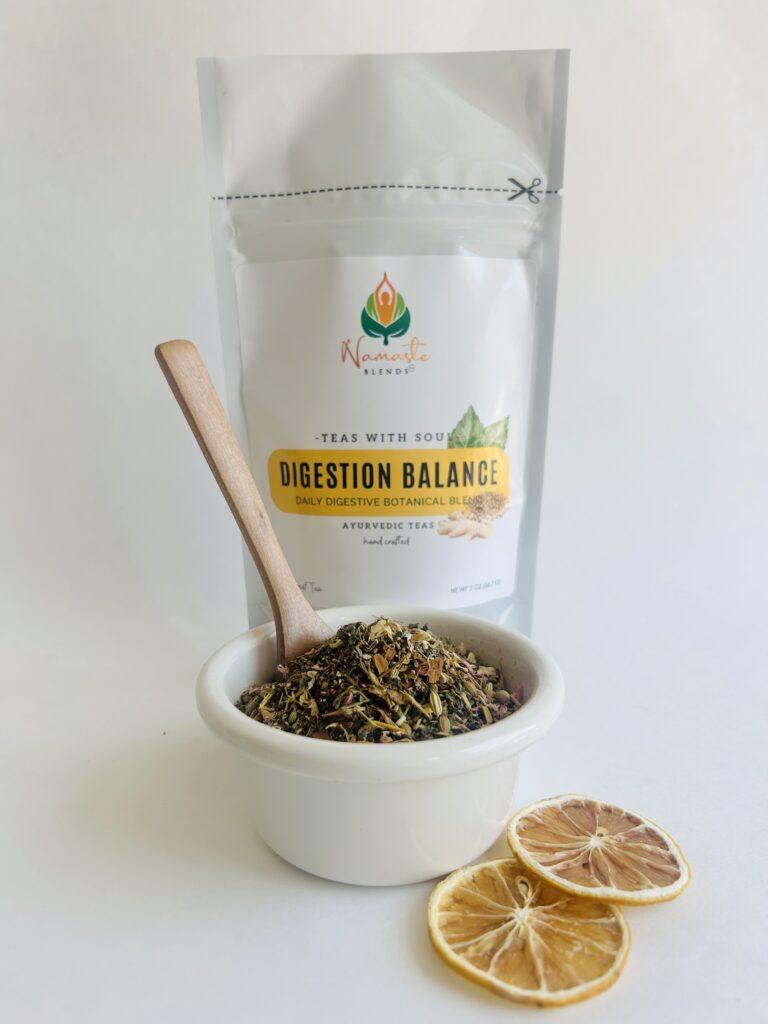 loose leaf herbal tea for digestion balance displayed in a minimalist setting with a white mug and neutral background, caffeine free herbal tea with visible dried roots and botanicals designed for daily digestive wellness rituals, natural loose leaf tea blend for after meal routine and mindful living, cozy tea aesthetic, herbal tea for gut balance and gentle support, wellness tea gift idea, loose leaf tea pouch presentation for self care and balanced lifestyle