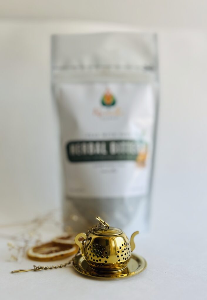 herbal bitters tea displayed in a minimalist setting with a white mug and neutral background, caffeine free herbal tea with visible dried roots and bitter botanicals, natural herbal blend designed for daily digestive wellness rituals and mindful living, cozy tea aesthetic, herbal tea for gut balance and routine support, wellness tea gift idea, tea presentation for self care and balanced lifestyle