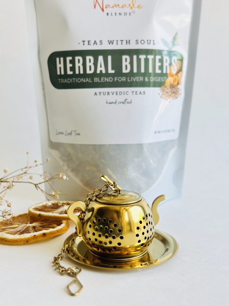 herbal bitters tea displayed in a minimalist setting with a white mug and neutral background, caffeine free herbal tea with visible dried roots and bitter botanicals, natural herbal blend designed for daily digestive wellness rituals and mindful living, cozy tea aesthetic, herbal tea for gut balance and routine support, wellness tea gift idea, tea presentation for self care and balanced lifestyle
