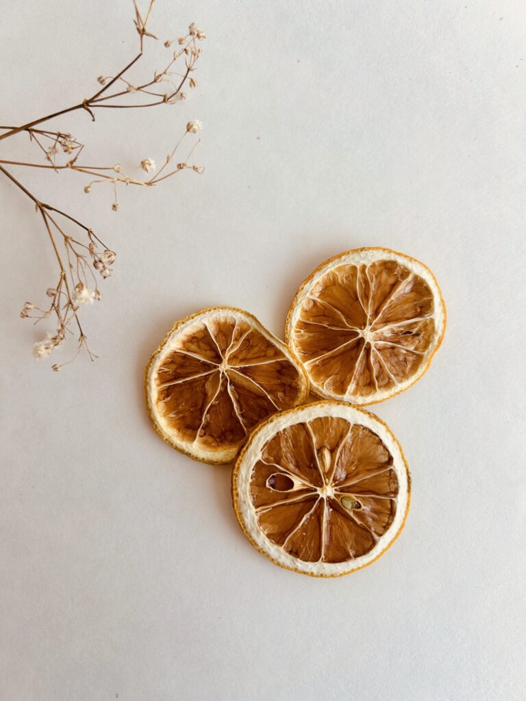 dried orange slices displayed in a minimalist setting with a white mug and neutral background, natural citrus slices for enhancing herbal tea, tea garnish for loose leaf and tea bags, cozy tea aesthetic, dried fruit slices for self care routine and mindful living, tea accessory for daily rituals, orange slices presentation for tea essentials and balanced lifestyle