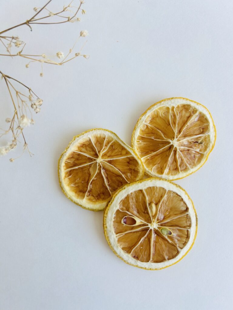 dried orange slices displayed in a minimalist setting with a white mug and neutral background, natural citrus slices for enhancing herbal tea, tea garnish for loose leaf and tea bags, cozy tea aesthetic, dried fruit slices for self care routine and mindful living, tea accessory for daily rituals, orange slices presentation for tea essentials and balanced lifestyle