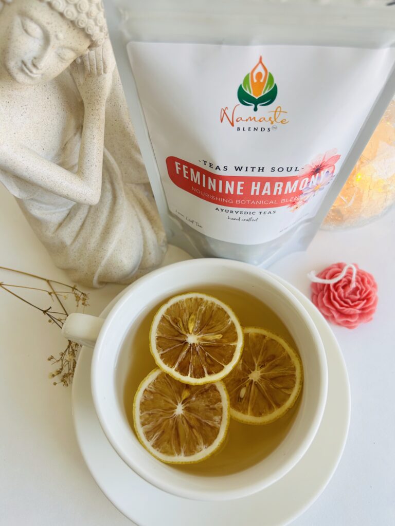 herbal tea bags for feminine balance displayed in a minimalist setting with a white mug and soft neutral tones, caffeine free herbal tea sachets with visible botanicals designed for women’s wellness rituals and mindful living, floral herbal tea for daily self care routine, cozy tea aesthetic, herbal tea for balance and comfort lifestyle, wellness tea gift for women, tea bags presentation for calm and nurturing routine