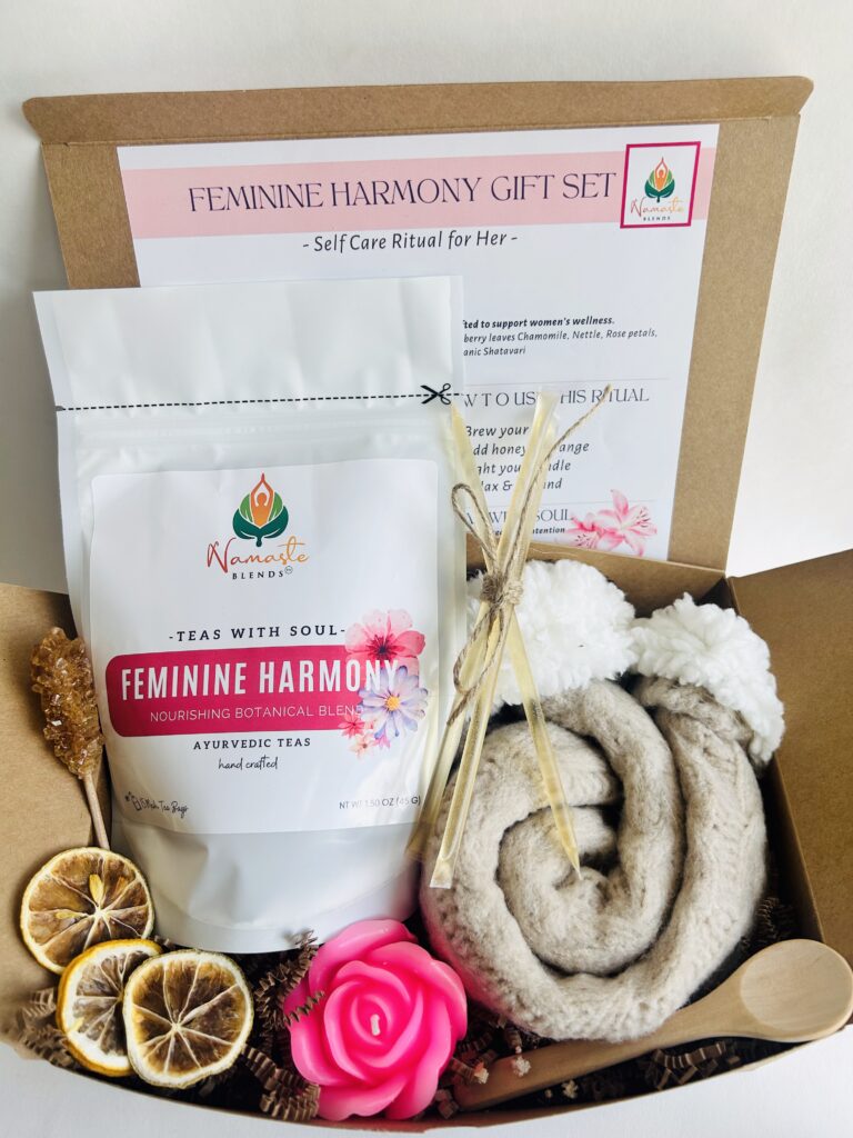 herbal tea bags for feminine balance displayed in a minimalist setting with a white mug and soft neutral tones, caffeine free herbal tea sachets with visible botanicals designed for women’s wellness rituals and mindful living, floral herbal tea for daily self care routine, cozy tea aesthetic, herbal tea for balance and comfort lifestyle, wellness tea gift for women, tea bags presentation for calm and nurturing routine