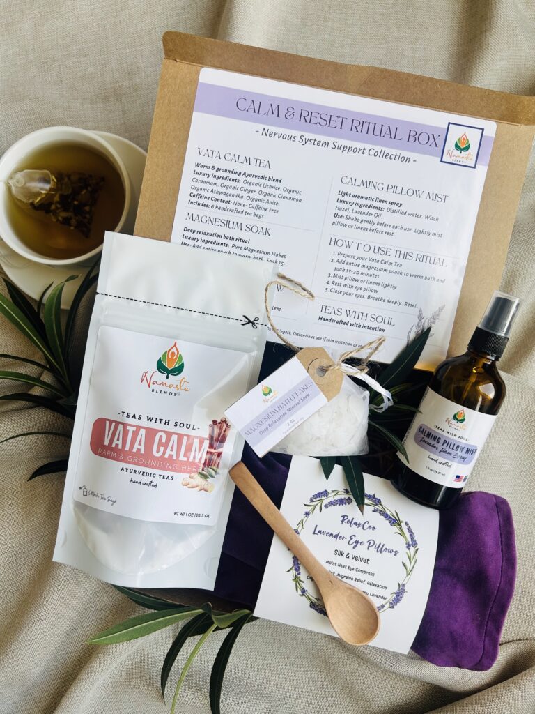 self care gift box displayed in a minimalist setting with a white mug and soft neutral tones, curated wellness set featuring herbal tea bags, lavender eye pillow, pillow mist, magnesium bath flakes and wooden spoon, calming spa gift aesthetic, relaxation gift box for stress relief and mindful living, cozy self care ritual set, wellness gift presentation for comfort and peaceful lifestyle