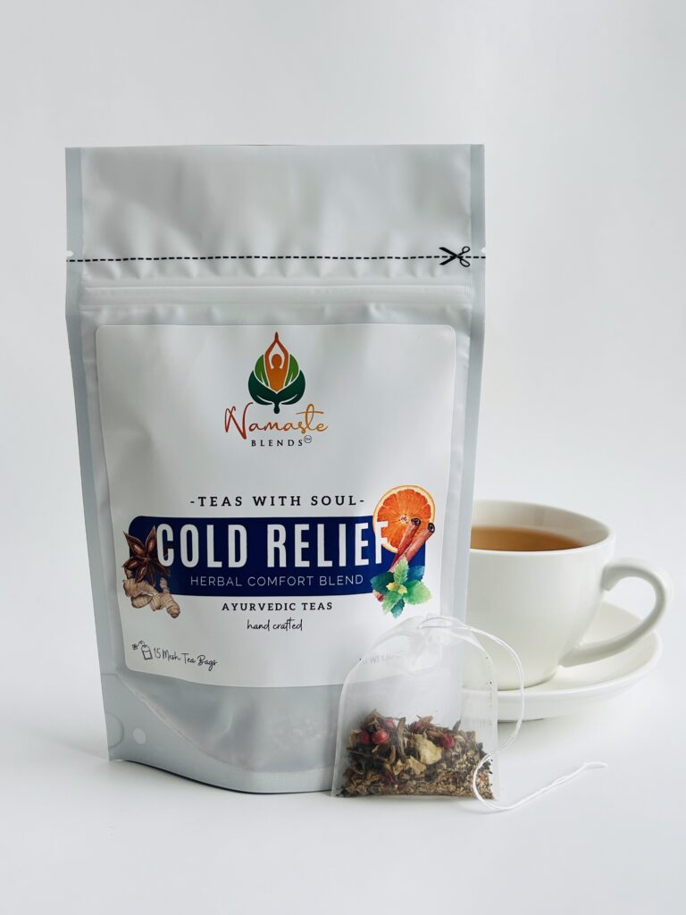 herbal tea bags for cold relief displayed in a minimalist setting with a white mug and neutral background, caffeine free herbal tea sachets with visible botanicals designed for soothing daily wellness rituals during seasonal changes, natural tea bags for cozy routines and mindful living, warm tea aesthetic, herbal tea for comfort and balance, wellness tea gift idea, tea bags presentation for self care and seasonal lifestyle