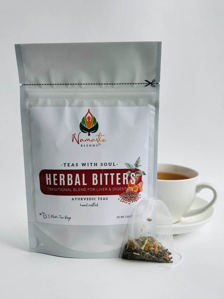 herbal bitters tea displayed in a minimalist setting with a white mug and neutral background, caffeine free herbal tea with visible dried roots and bitter botanicals, natural herbal blend designed for daily digestive wellness rituals and mindful living, cozy tea aesthetic, herbal tea for gut balance and routine support, wellness tea gift idea, tea presentation for self care and balanced lifestyle