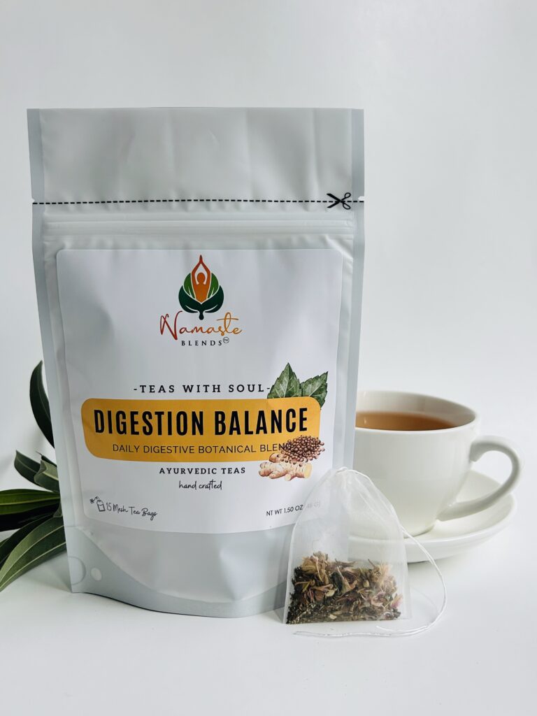 herbal tea bags for digestion balance displayed in a minimalist setting with a white mug and neutral background, caffeine free herbal tea sachets with visible botanicals designed for daily digestive wellness rituals, natural tea bags for after meal routine and mindful living, cozy tea aesthetic, herbal tea for gut balance and gentle support, wellness tea gift idea, tea bags presentation for self care and balanced lifestyle